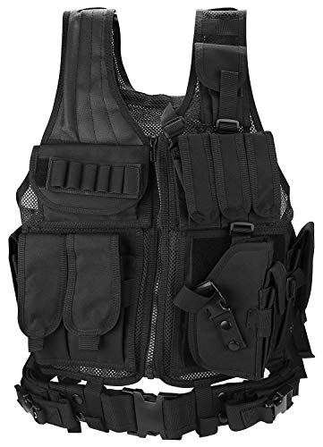 ProCase Gilet Tactique Militaire Mesh, Veste de Combat avec Ceinture pour Airsoft Jeu CS Militaire-Noir